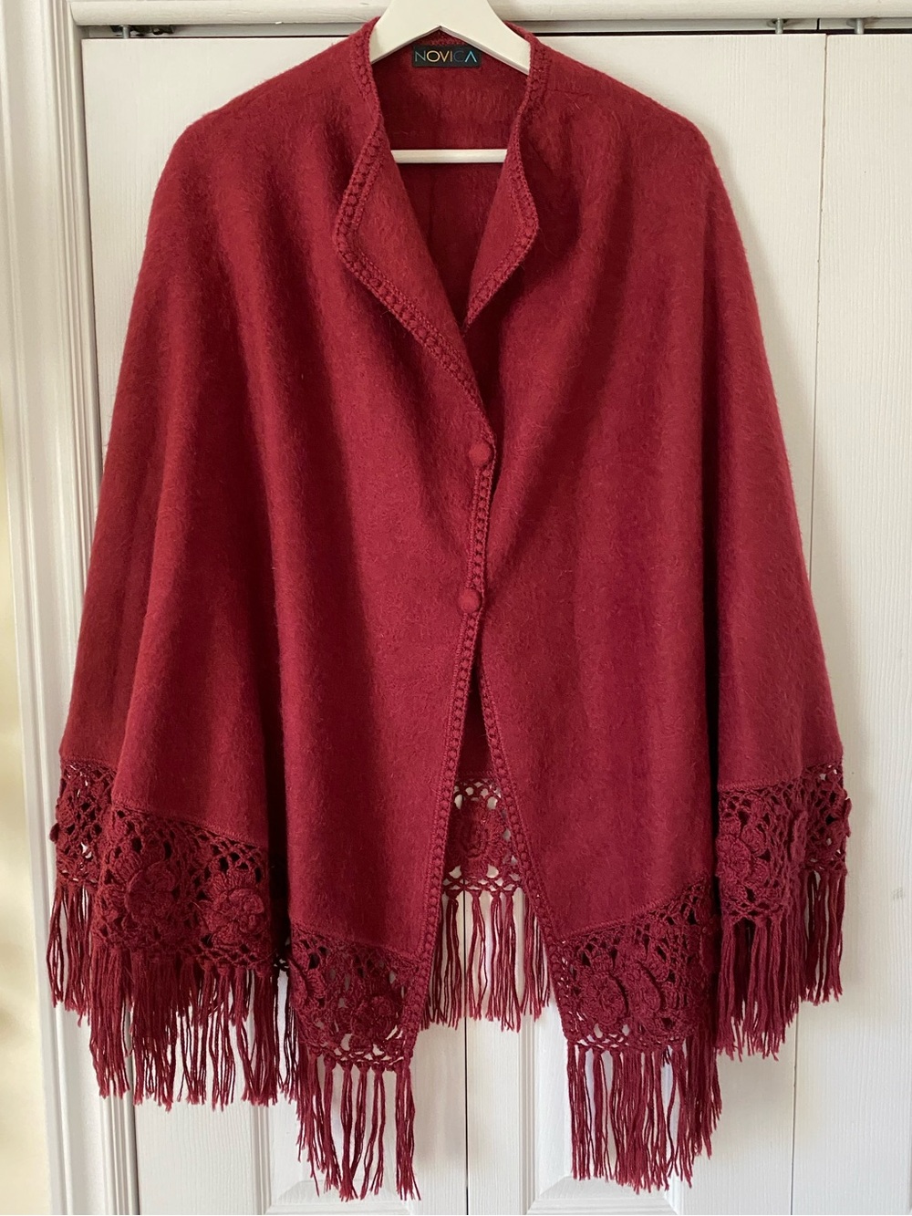 Novica  Ruana Cape Alpaca blend Handmade in Peru  Crochet flower border Burgundy